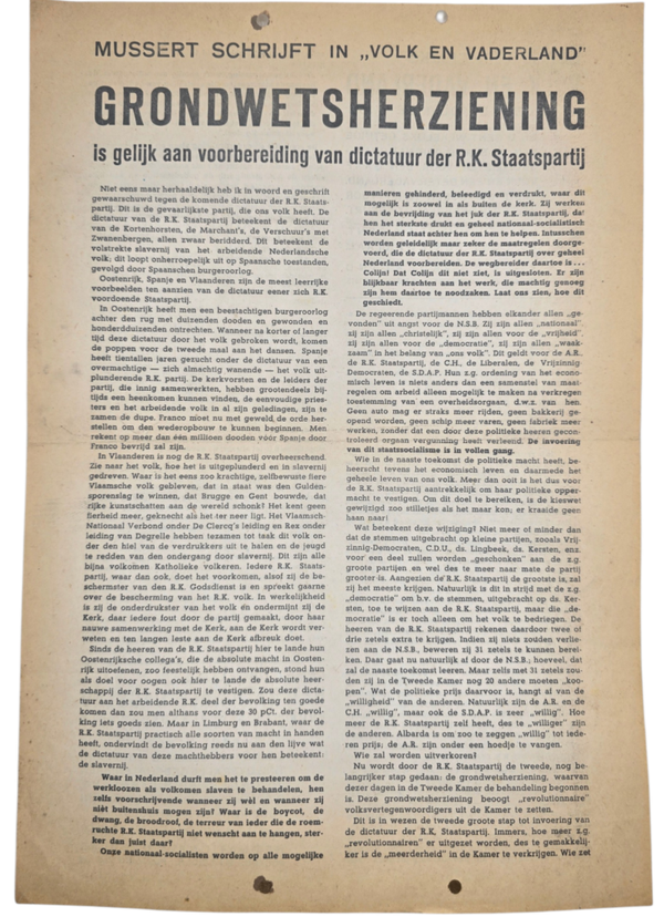 Original WW2 Dutch Collaboration NSB Document - Grondwetherziening, Vova overprint (1937)