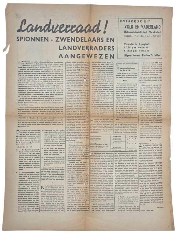 Original WW2 Dutch Collaboration NSB Document - Landverraad!, Vova overprint (1940)