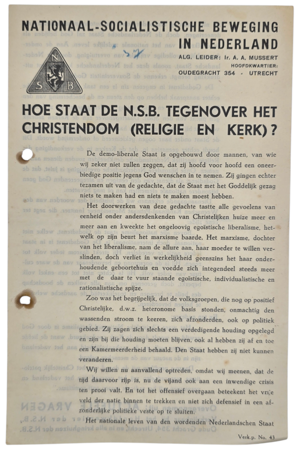 Original WW2 Dutch Collaboration NSB Document - Hoe staat de NSB tegenover het Christendom (religie en kerk)?