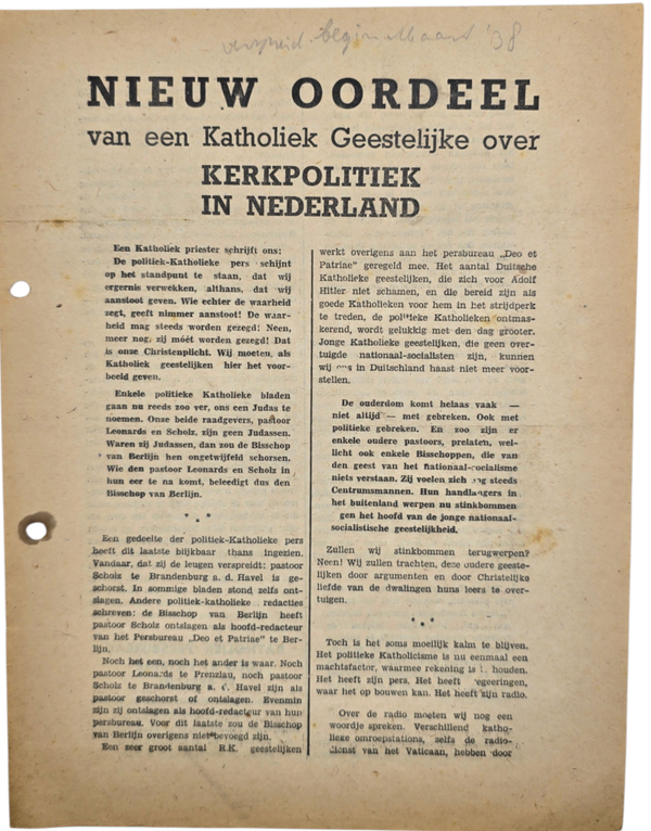 Original WW2 Dutch Collaboration NSB Document - Nieuw oordeel van een Katholiek Geestelijke over Kerkpolitiek in Nederland (1938)