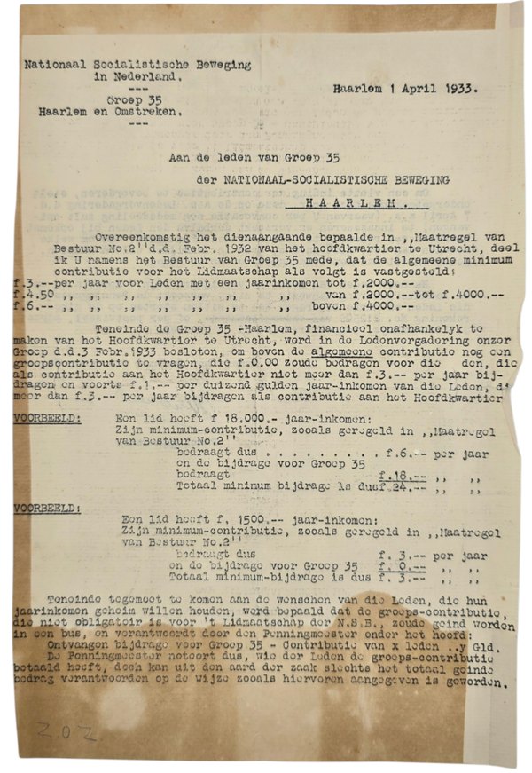 Original WW2 Dutch Collaboration NSB Document - NSB Haarlem contribution costs sheet (1933)