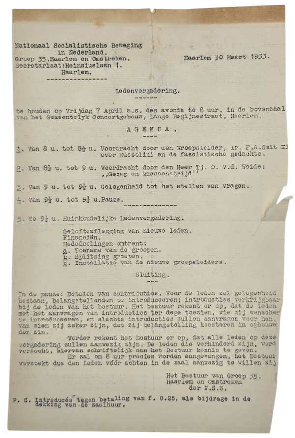 Original WW2 Dutch Collaboration NSB Document - NSB Haarlem member gathering (1933)