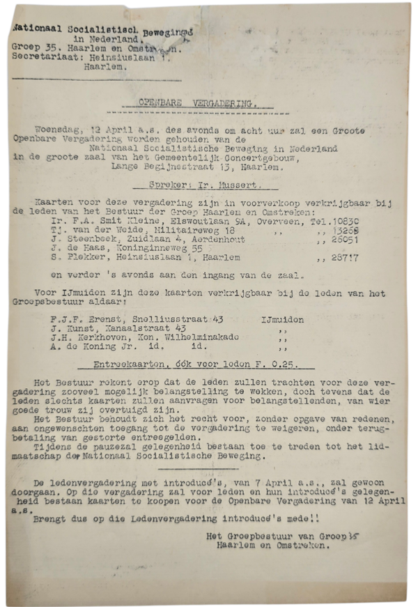 Original WW2 Dutch Collaboration NSB Document - NSB Haarlem member gathering with Anton Mussert (1933)