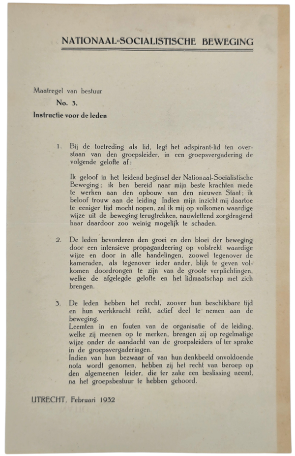 Original WW2 Dutch Collaboration NSB Document - Maatregel van bestuur No. 3, Instructie voor de leden, February (1932)