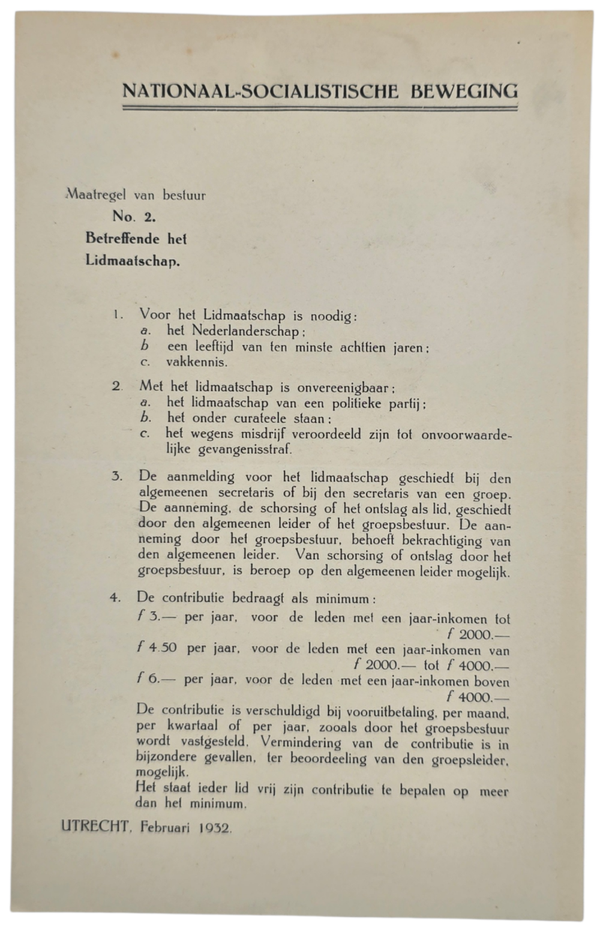 Original WW2 Dutch Collaboration NSB Document - Maatregel van bestuur No. 2, Betreffende het Lidmaatschap, February (1932)