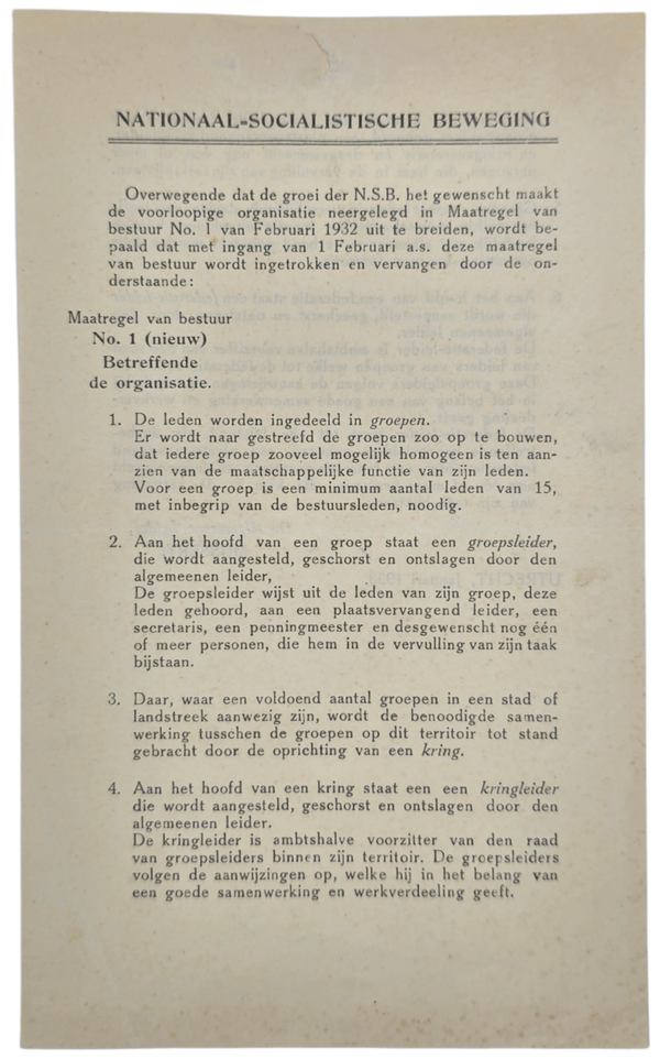 Original WW2 Dutch Collaboration NSB Document - Maatregel van bestuur No. 1, Betreffende de organisatie, January (1933)