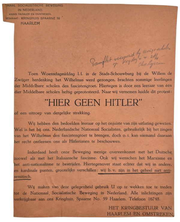 Original WW2 Dutch Collaboration NSB Document - NSB Kring Haarlem flyer about the Hitlerism of the NSB (1933)