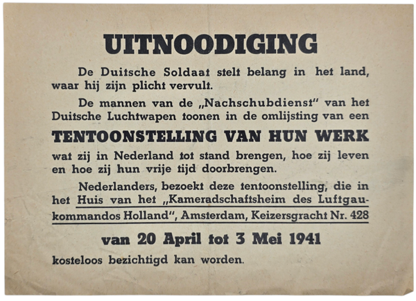 Original WW2 Dutch German Document - Exhibition Nachschubdienst Kamaradschafsheim Luftgaukommandos Holland, Amsterdam (1941)