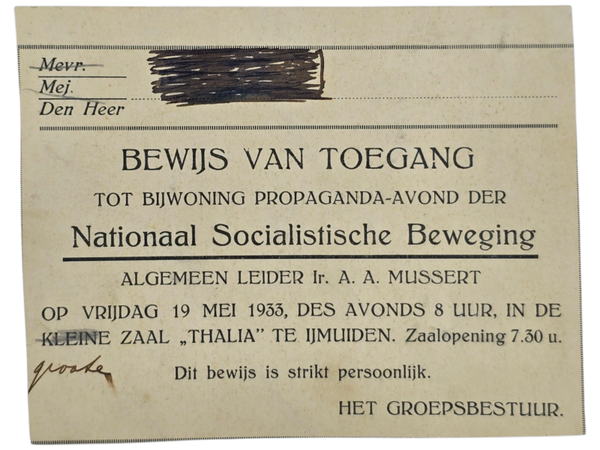 Original WW2 Dutch Collaboration NSB Document - NSB Kring Haarlem invitation gathering with Anton Mussert at Thalia, IJmuiden (1933)