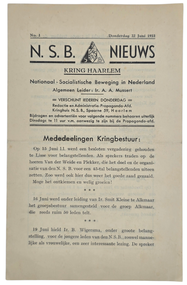 Original WW2 Dutch Collaboration NSB Document - NSB Kring Haarlem newspaper NSB Nieuws No. 1 (1933)