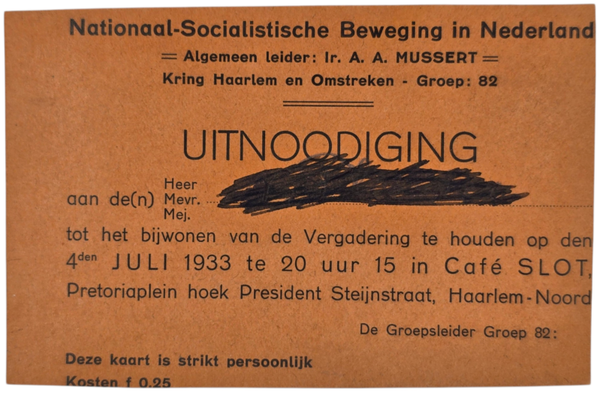 Original WW2 Dutch Collaboration NSB Document - NSB Kring Haarlem invitation gathering Cafe Slot, Haarlem (1933)