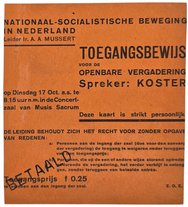 Original WW2 Dutch Collaboration NSB Document - NSB entry card speaker Koster in Musis Sacrum, Arnhem (1933)