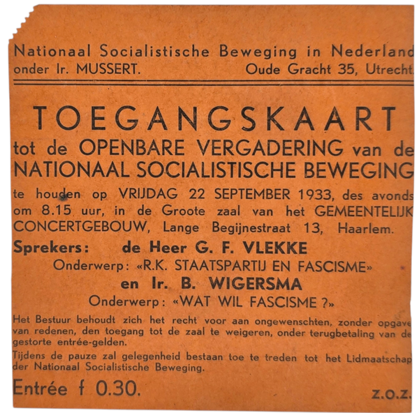 Original WW2 Dutch Collaboration NSB Document - NSB entry card speaker Vlekke & Wigersma, Concertgebouw Haarlem (1933)
