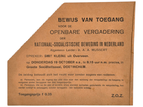 Original WW2 Dutch Collaboration NSB Document - NSB entry card public gathering with Smit Kleine, Overveen, in the Sociëteitszaal Doetinchem (1933)