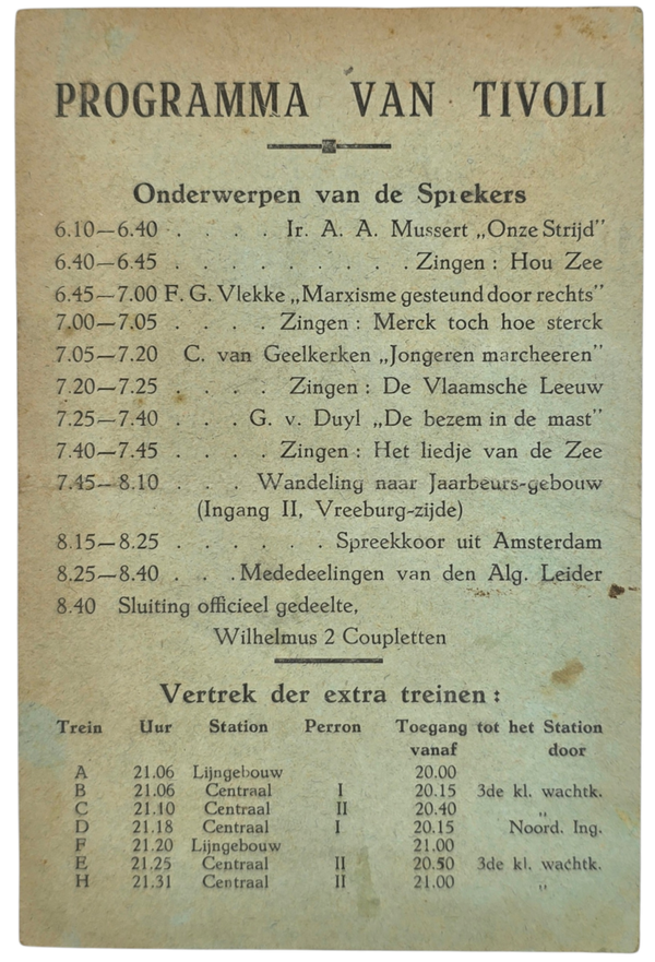 Original WW2 Dutch Collaboration NSB Document - NSB public gathering program, Tivoli, Utrecht (1933)