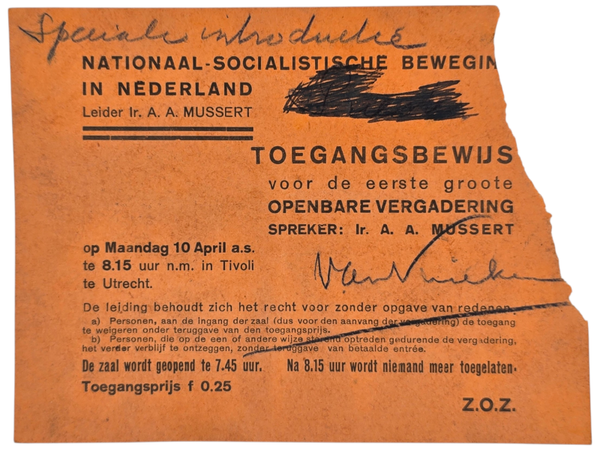 Original WW2 Dutch Collaboration NSB Document - NSB entry card first large public gathering Tivoli, Utrecht (1933)