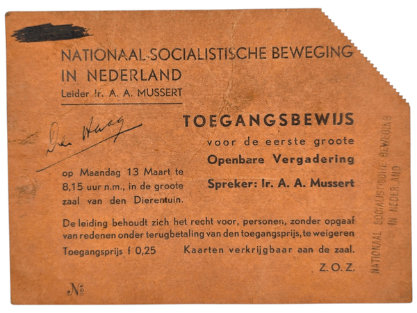 Original WW2 Dutch Collaboration NSB Document - NSB entry card first large public gathering Dierentuin, Den Haag (1933)
