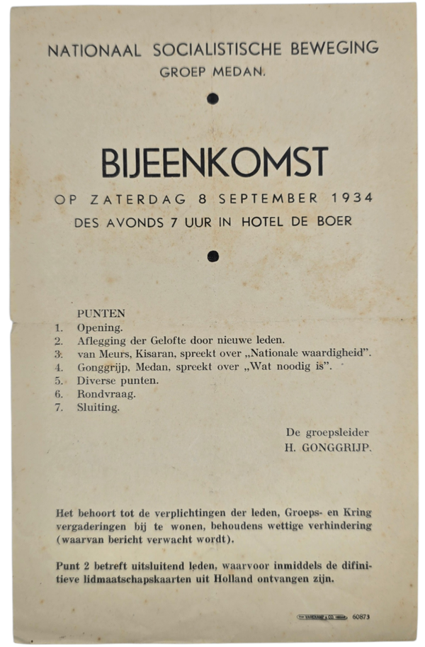Original WW2 Dutch Collaboration NSB Document - NSB gathering Hotel de Boer, Medan, Dutch East Indies (1934)