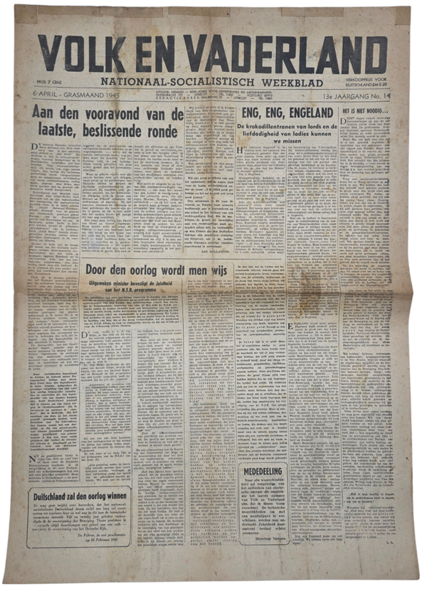 Original WW2 Dutch Collaboration Newspaper - Volk en Vaderland, 13th year no. 14 (1945)