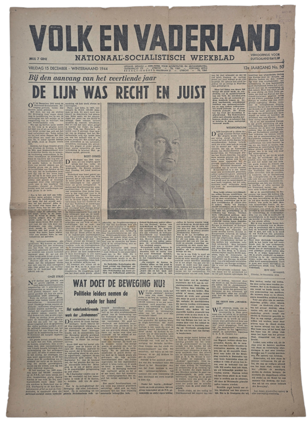 Original WW2 Dutch Collaboration Newspaper - Volk en Vaderland, 12th year no. 50 (1944)