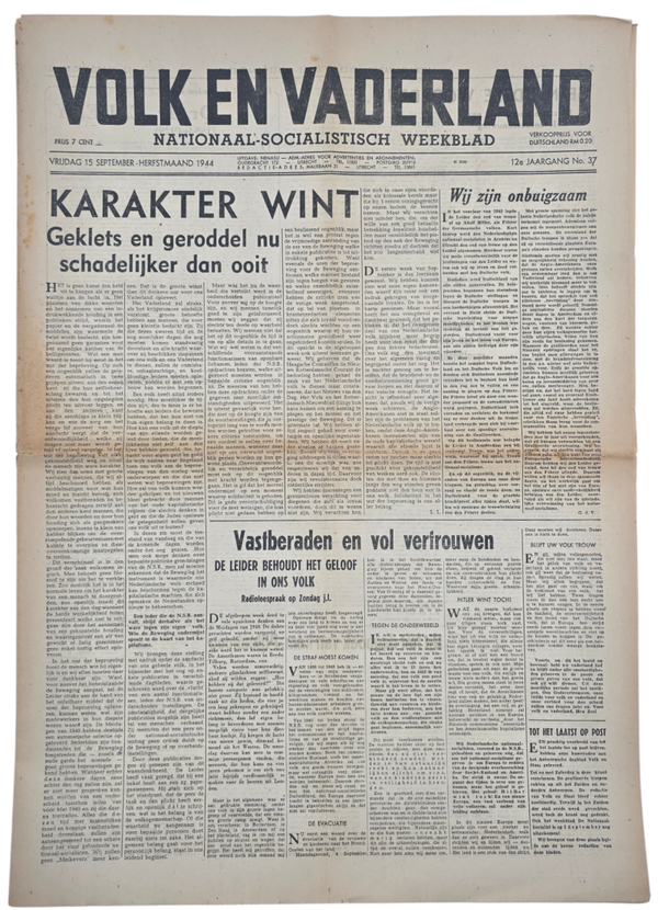 Original WW2 Dutch Collaboration Newspaper - Volk en Vaderland, 12th year no. 37 (1944)