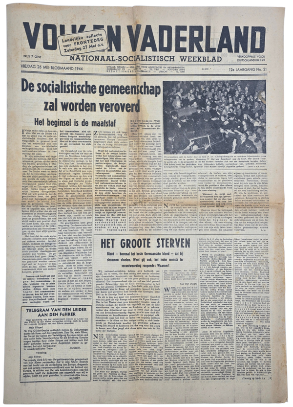 Original WW2 Dutch Collaboration Newspaper - Volk en Vaderland, 12th year no. 21 (1944)
