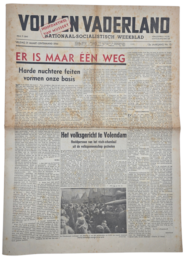 Original WW2 Dutch Collaboration Newspaper - Volk en Vaderland, 12th year no. 13 (1944)