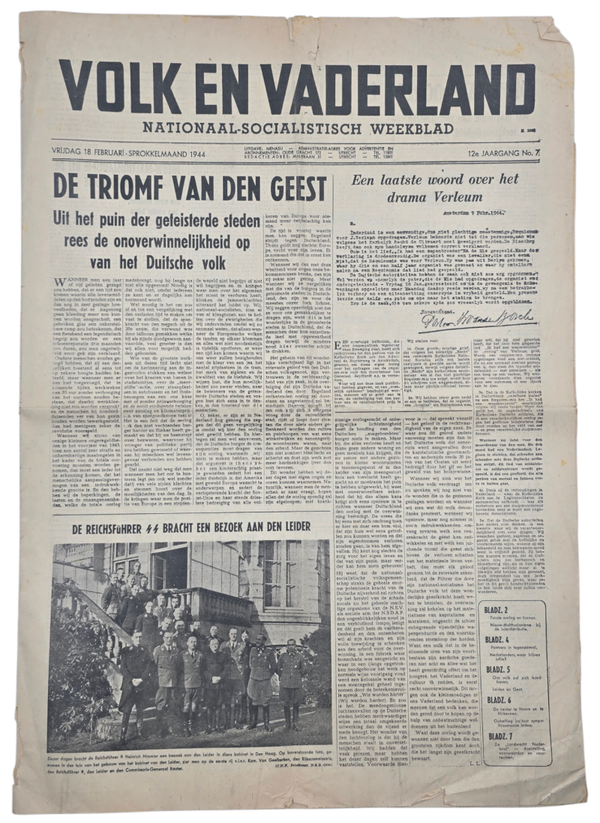 Original WW2 Dutch Collaboration Newspaper - Volk en Vaderland, 12th year no. 7, Reichsführer SS Himmler (1944)