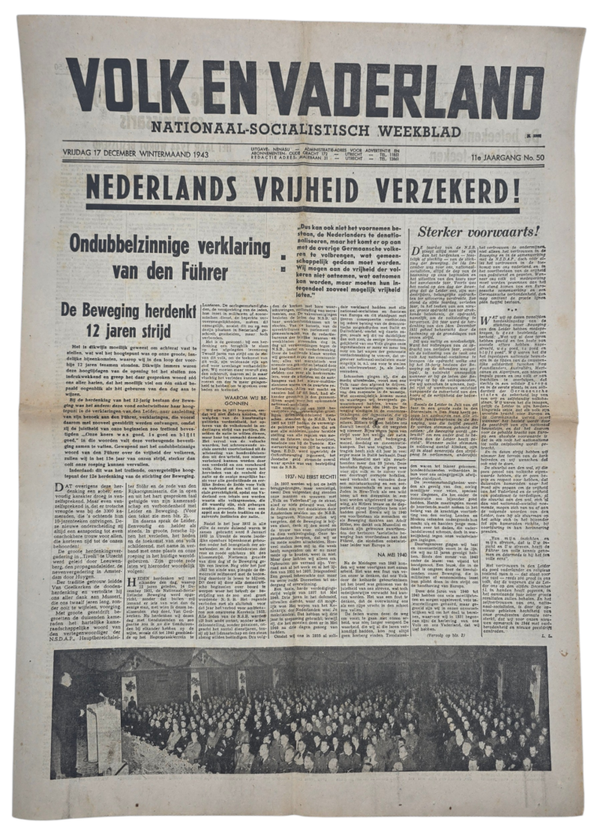 Original WW2 Dutch Collaboration Newspaper - Volk en Vaderland, 11th year no. 50, 12 years NSB (1943)