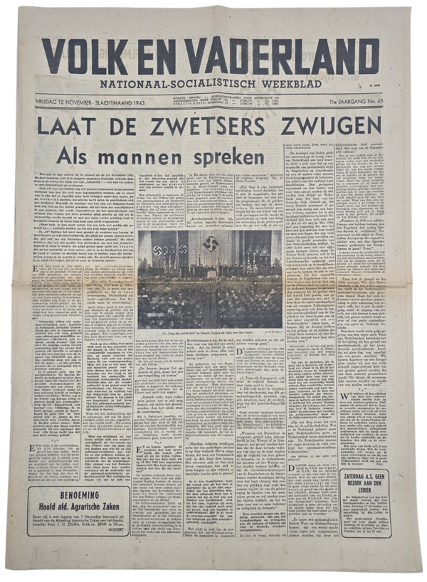 Original WW2 Dutch Collaboration Newspaper - Volk en Vaderland, 11th year no. 45 (1943)