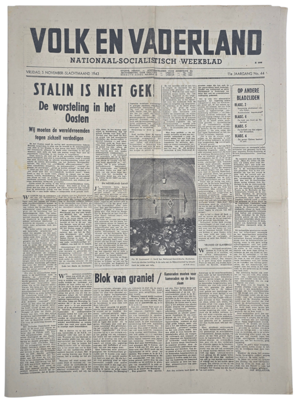 Original WW2 Dutch Collaboration Newspaper - Volk en Vaderland, 11th year no. 44, Studentenfront (1943)