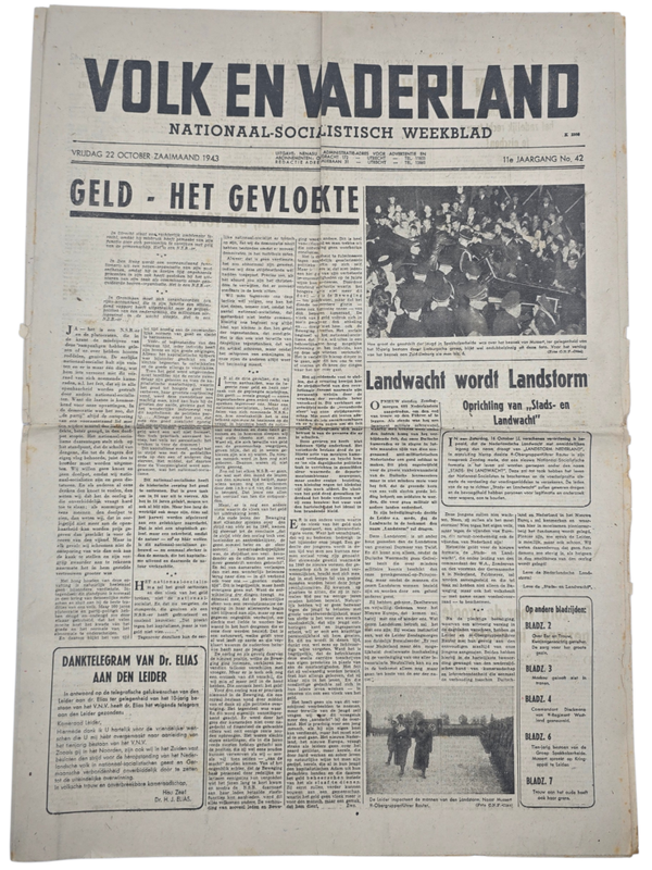 Original WW2 Dutch Collaboration Newspaper - Volk en Vaderland, 11th year no. 42, Landwacht Landstorm (1943)