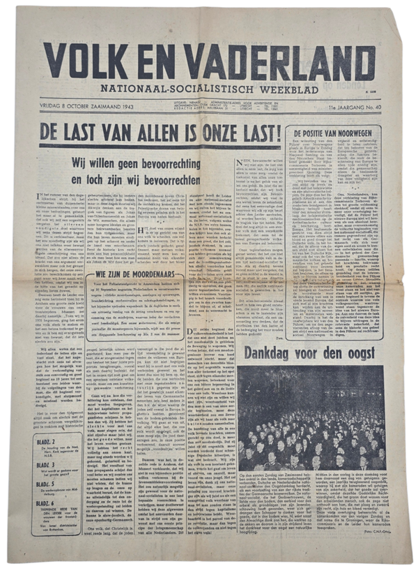 Original WW2 Dutch Collaboration Newspaper - Volk en Vaderland, 11th year no. 40 (1943)