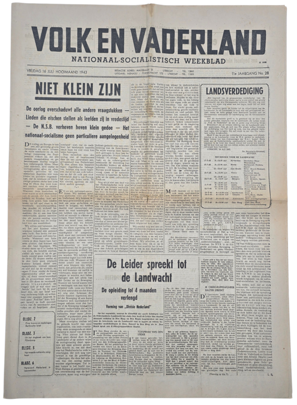 Original WW2 Dutch Collaboration Newspaper - Volk en Vaderland, 11th year no. 28 (1943)