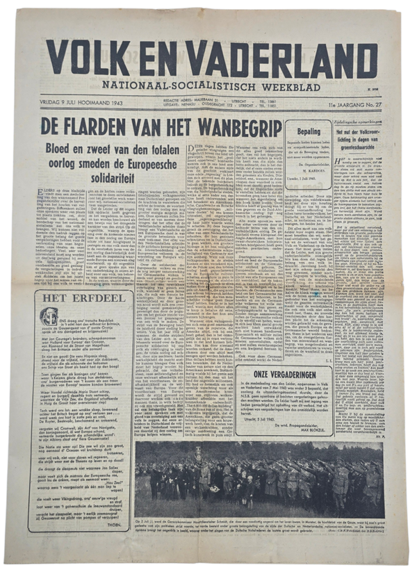 Original WW2 Dutch Collaboration Newspaper - Volk en Vaderland, 11th year no. 27 (1943)