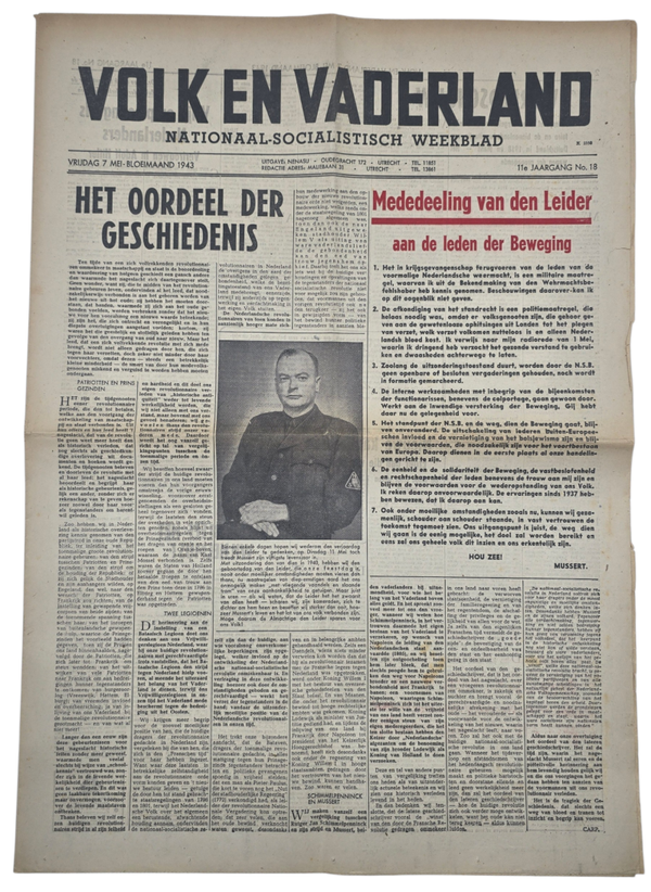 Original WW2 Dutch Collaboration Newspaper - Volk en Vaderland, 11th year no. 18, Mussert + Strijd en Offer (1943)