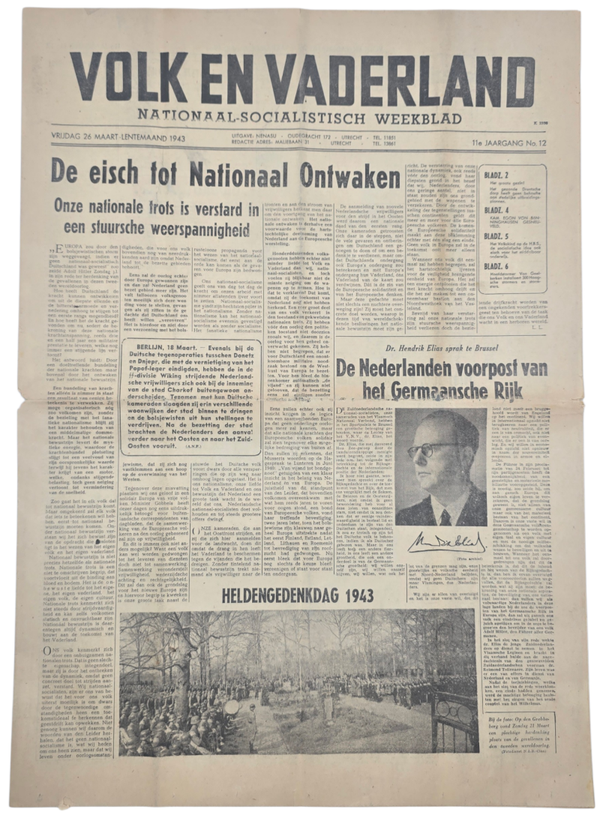 Original WW2 Dutch Collaboration Newspaper - Volk en Vaderland, 11th year no. 12, Heldengedenkdag (1943)
