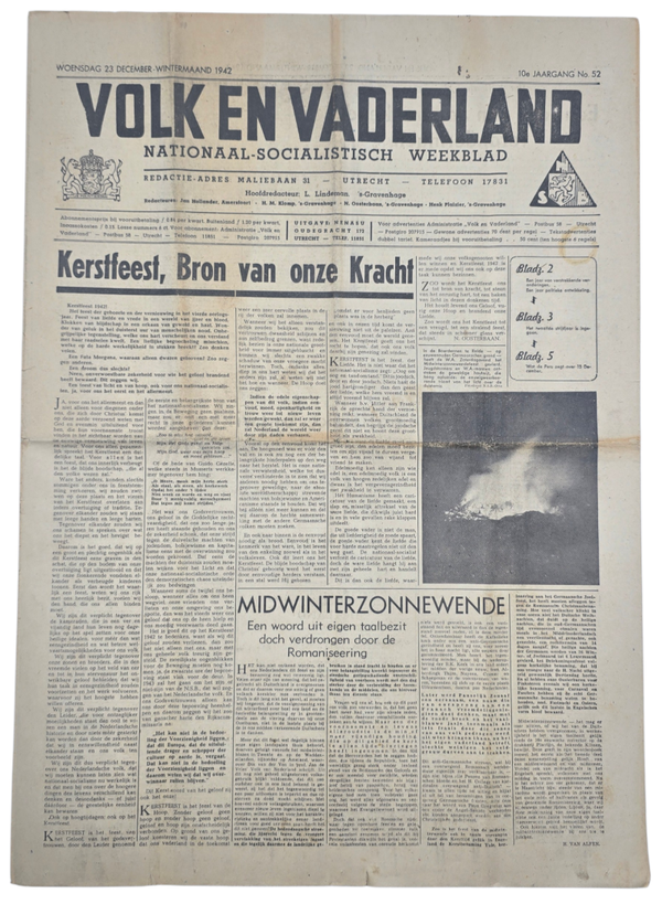 Original WW2 Dutch Collaboration Newspaper - Volk en Vaderland, 10th year no. 52, Christmas (1942)