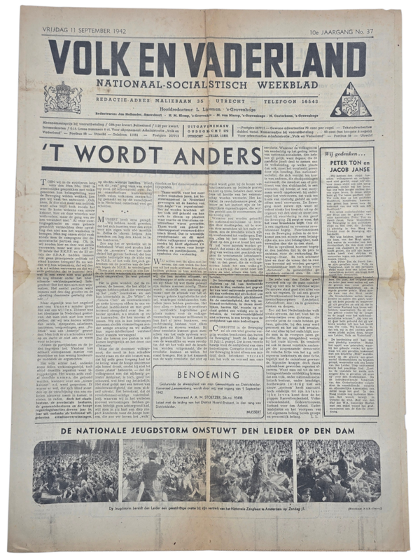 Original WW2 Dutch Collaboration Newspaper - Volk en Vaderland, 10th year no. 37, Jeugdstorm Amsterdam (1942)