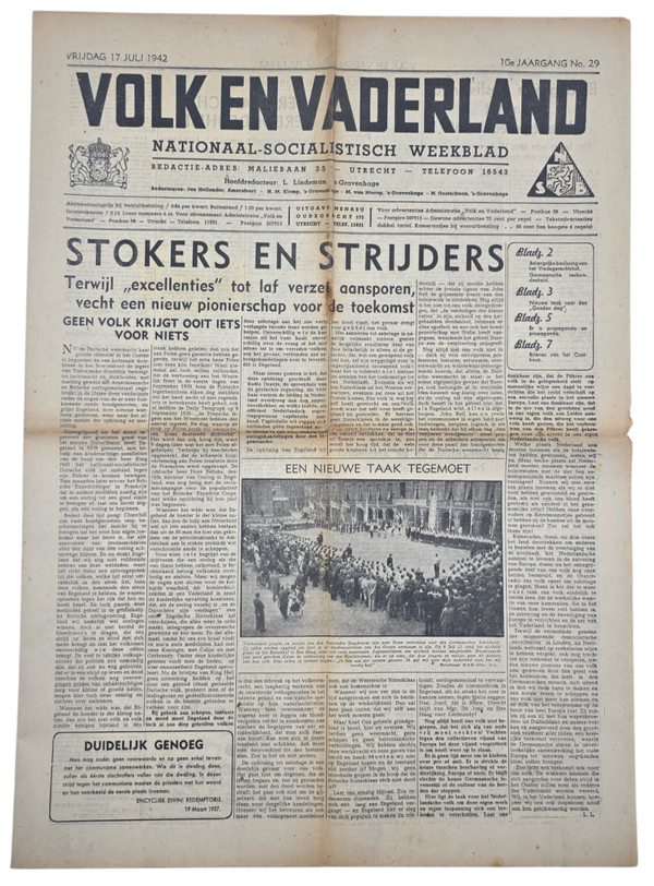 Original WW2 Dutch Collaboration Newspaper - Volk en Vaderland, 10th year no. 29, Jeugdstorm (1942)