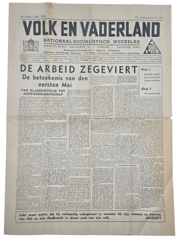 Original WW2 Dutch Collaboration Newspaper - Volk en Vaderland, 10th year no. 18 (1942)