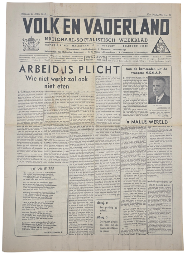 Original WW2 Dutch Collaboration Newspaper - Volk en Vaderland, 10th year no. 17 (1942)