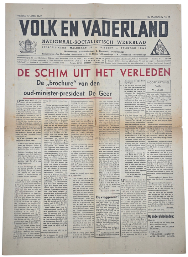 Original WW2 Dutch Collaboration Newspaper - Volk en Vaderland, 10th year no. 16 (1942)
