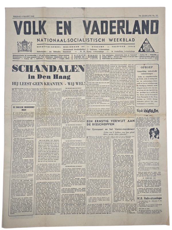 Original WW2 Dutch Collaboration Newspaper - Volk en Vaderland, 10th year no. 10 (1942)