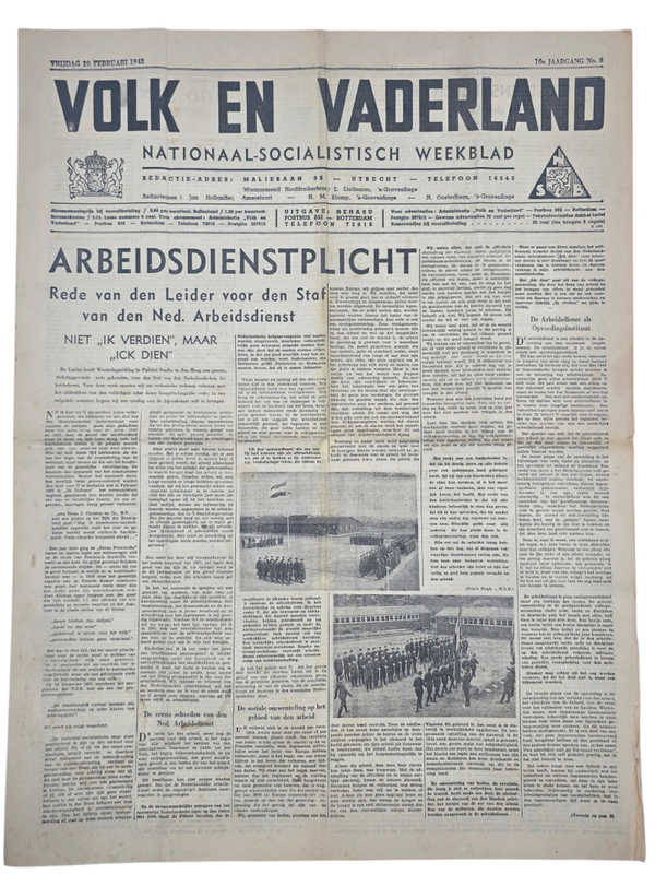 Original WW2 Dutch Collaboration Newspaper - Volk en Vaderland, 10th year no. 8, NAD (1942)