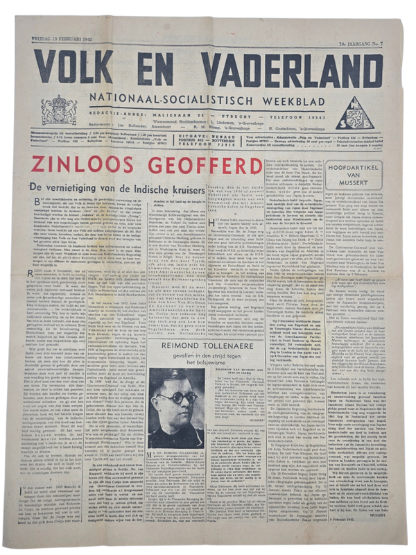 Original WW2 Dutch Collaboration Newspaper - Volk en Vaderland, 10th year no. 7, Reimond Tollenaere (1942)