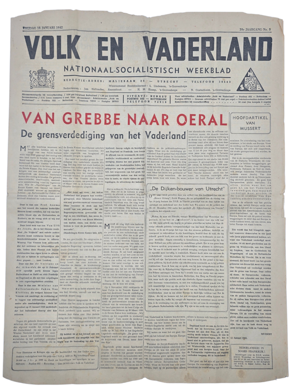 Original WW2 Dutch Collaboration NSB Newspaper - Volk en Vaderland, 10th year no. 3 (1942)