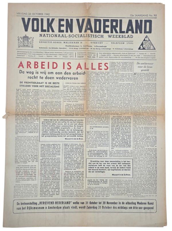 Original WW2 Dutch Collaboration Newspaper - Volk en Vaderland, 10th year no. 43 (1942)