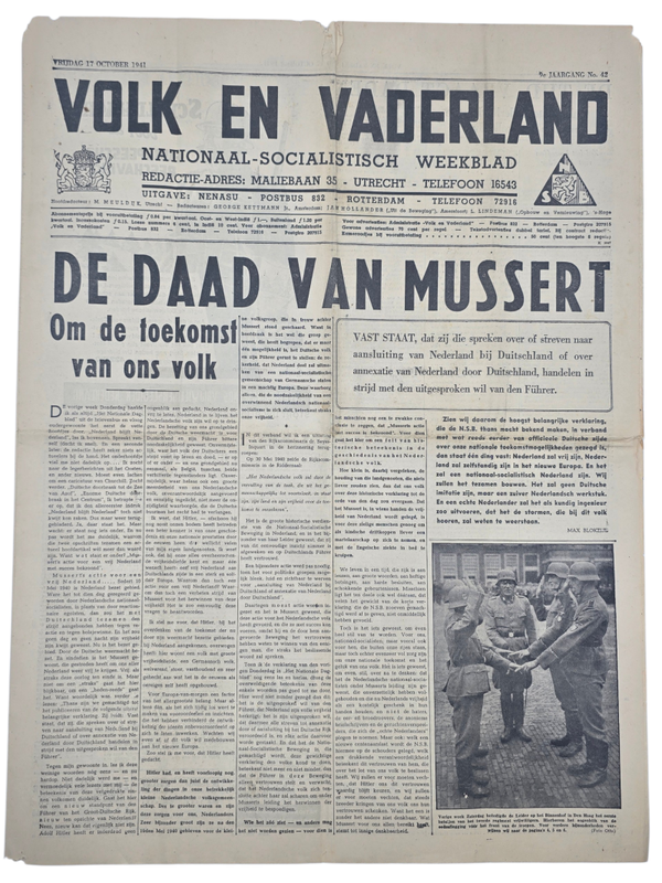 Original WW2 Dutch Collaboration NSB Newspaper - Volk en Vaderland, 9th year no. 42, Vrijwilligerslegioen Nederland (1941)