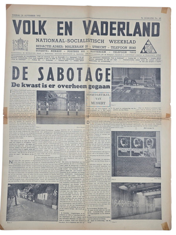Original WW2 Dutch Collaboration NSB Newspaper - Volk en Vaderland, 9th year no. 39, NSNAP murals (1941)